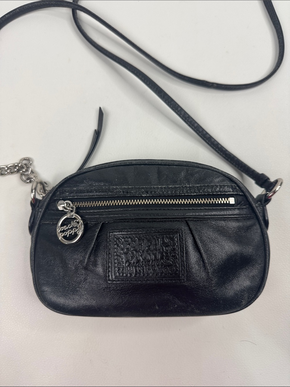 Coach Poppy Black Leather Crossbody with Silver zip & Charm purple lining
